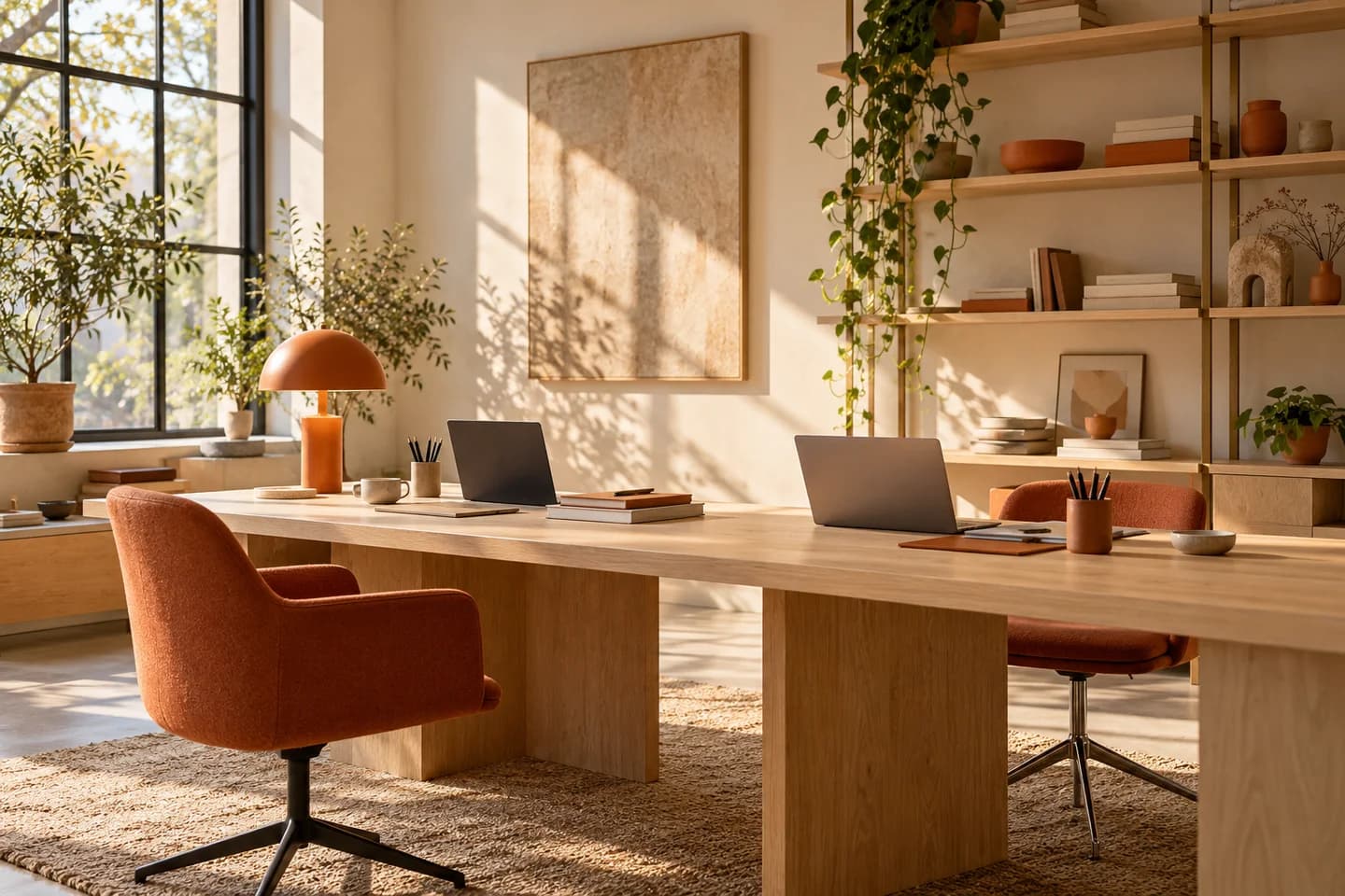 Sunlit creative studio with laptops, an oak table and terracotta furniture